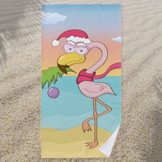Serviette De Plage Belle caricature Flamingo de Noël sur la plage