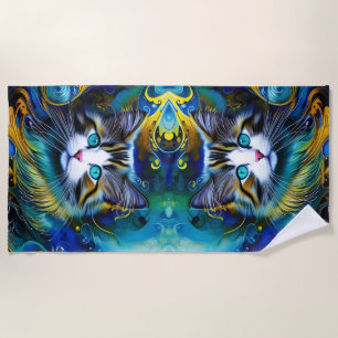 Serviette De Plage Belle Chat Mystique en Blues et Golds