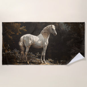 Serviette De Plage Belle peinture à l'huile de cheval blanc Vintage