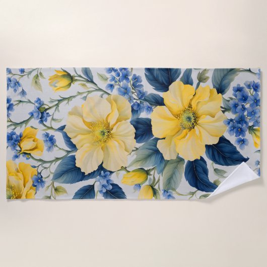 Serviette De Plage Belles Fleurs Jaunes et Bleues (Devant)