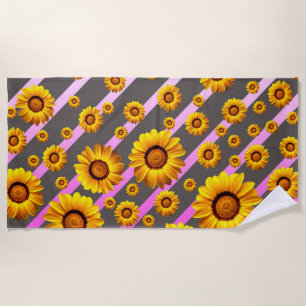 Serviette De Plage Belles fleurs jaunes sur gris, rayures roses