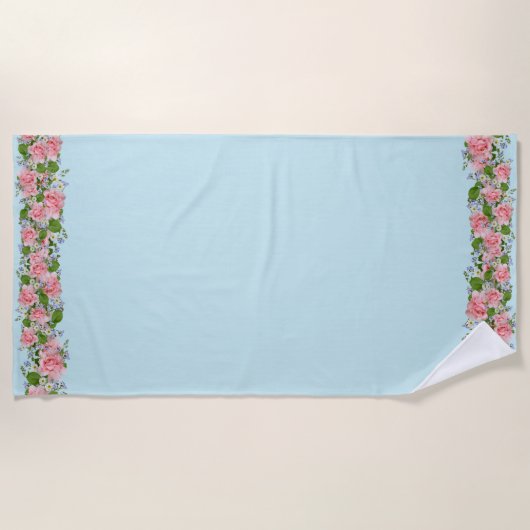 Serviette De Plage Belles fleurs roses sur bleu clair (Devant)