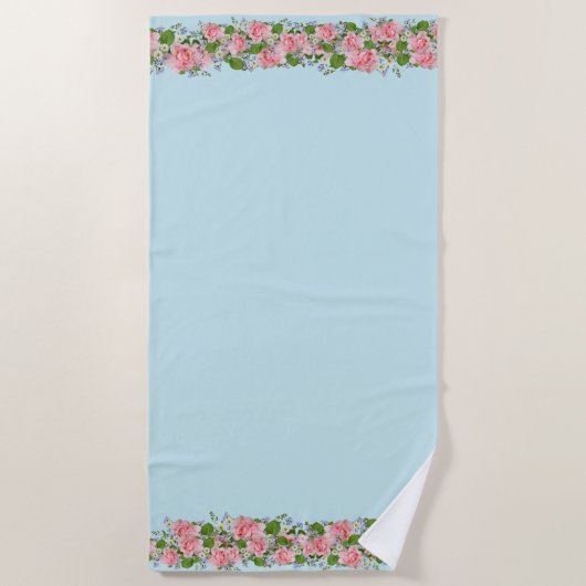 Serviette De Plage Belles fleurs roses sur bleu clair (Devant)