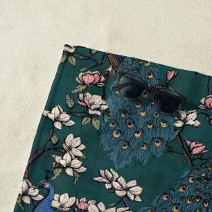Serviette De Plage Belles Peacocks Turquoises foncés et Fleurs de Mag