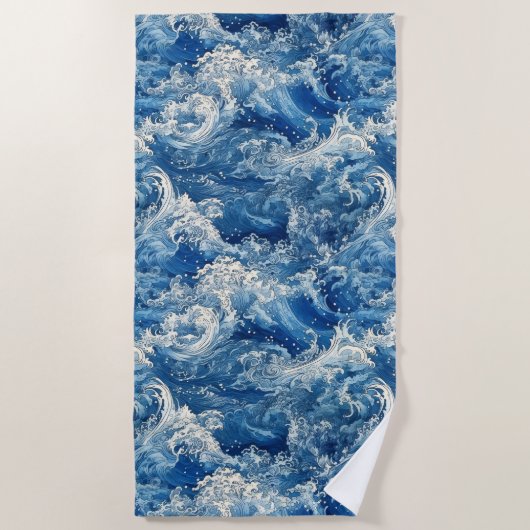 Serviette De Plage Belles vagues bleues brisées de l'océan (Devant)