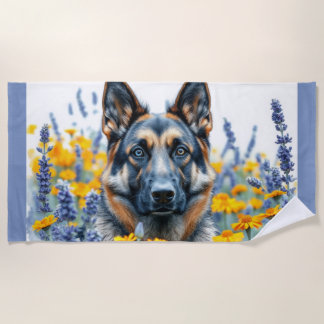 Serviette De Plage berger allemand dans le jardin fleuri art