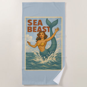 Serviette De Plage Bête marine Rétro Sirène Drôle de plage côtière