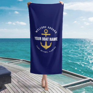 Serviette De Plage Bienvenue à bord Bateau Bleu marine Or Ancre nauti