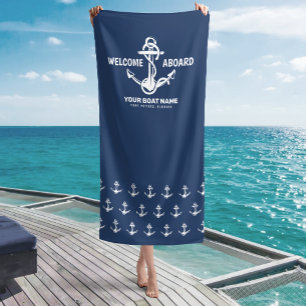 Serviette De Plage Bienvenue à bord Nom de bateau bleu marine nautiqu