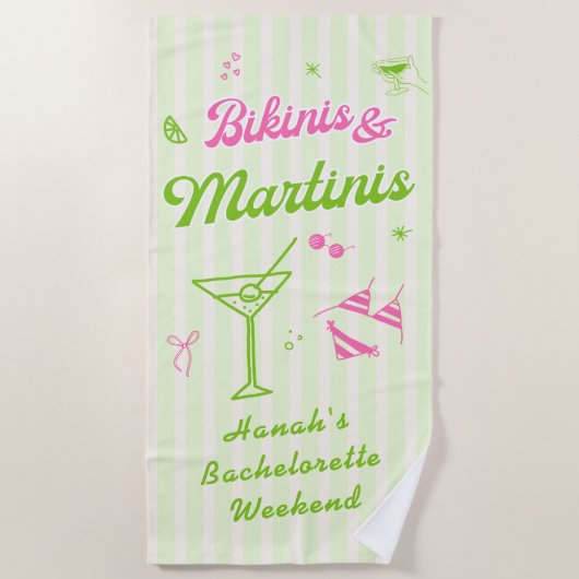 Serviette De Plage Bikinis tirés à la main & Martinis Bachelorette (Devant)