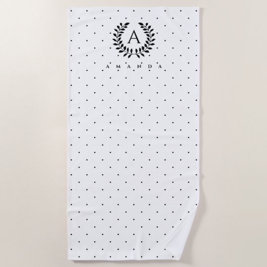 Serviette De Plage Black And White Laurel Monogram Polka Dot Pattern (Devant)