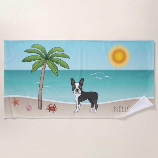 Serviette De Plage Black Boston Terrier À Une Plage Tropicale D'Été (Devant)