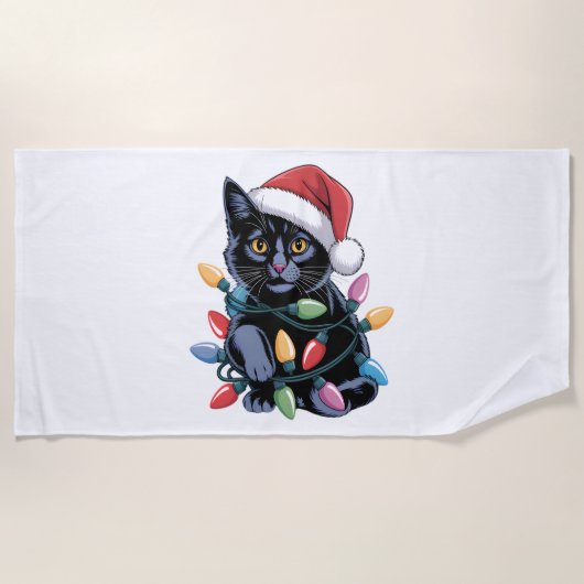 Serviette De Plage Black Cat lumières Noël Amoureux des chats amusant (Devant)