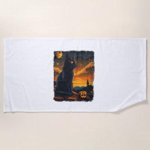 Serviette De Plage Black Cat Starry Nuit Van Gogh Citrouilles Bats Ha