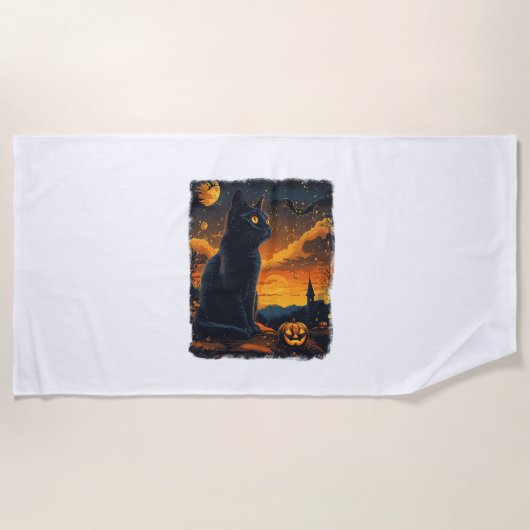 Serviette De Plage Black Cat Starry Nuit Van Gogh Citrouilles Bats Ha (Devant)