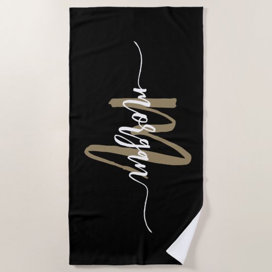 Serviette De Plage Black Gold Modern Script Girl Monogramme Nom (Devant)