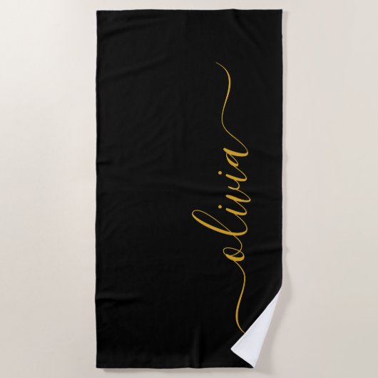 Serviette De Plage Black Gold Modern Script Girl Monogramme Nom (Devant)