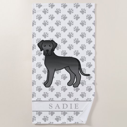 Serviette De Plage Black Great Dane mignonne Dessin Chien et nom (Devant)