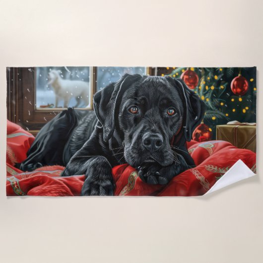 Serviette De Plage Black Labrador Chien Festive de Noël (Devant)