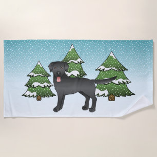 Serviette De Plage Black Labrador Retriever Dans Une Forêt D'Hiver