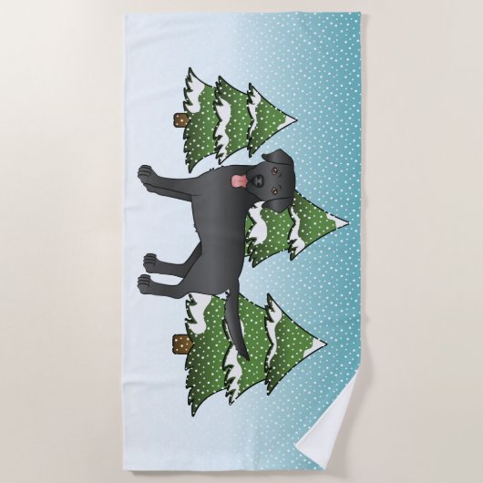 Serviette De Plage Black Labrador Retriever Dans Une Forêt D'Hiver (Devant)