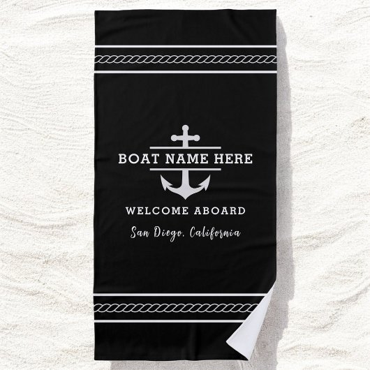 Serviette De Plage Black Nautical Boat Name Welcome Aboard Anchor