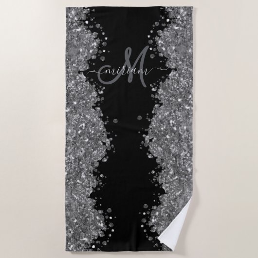 Serviette De Plage Black Silver Glitter Grey Modern Monogram (Devant)