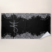 Serviette De Plage Black Silver Glitter Grey Modern Monogram (Devant)