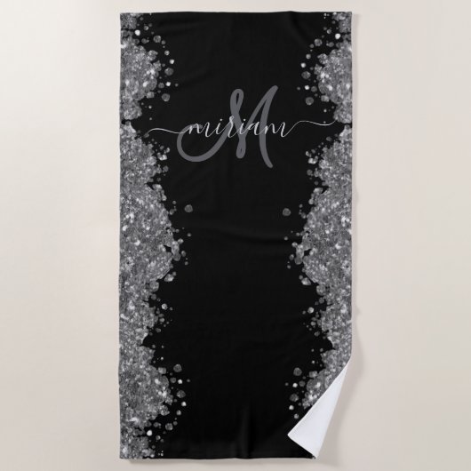 Serviette De Plage Black Silver Glitter Grey Modern Monogram (Devant)