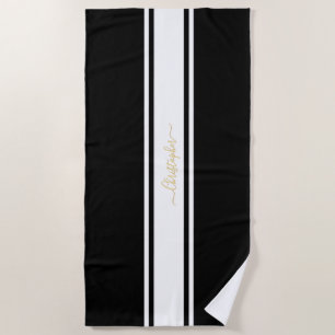 Serviette De Plage Black White Racing Stripes Gold Monogrammed Pool
