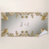 Serviette de plage blanche Floral Gold Ornate (Devant)