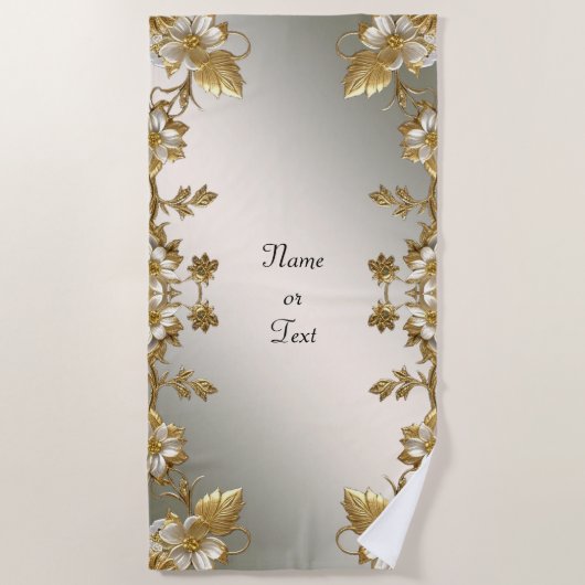 Serviette de plage blanche Floral Gold Ornate (Devant)