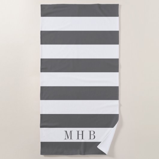Serviette De Plage Blancs et gris et monogramme (Devant)