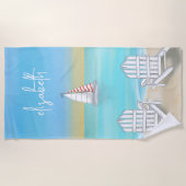 Serviette De Plage Bleu Aquarelle Simple Plage côtière Voilier (Devant)
