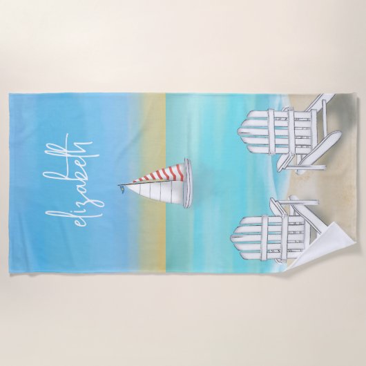 Serviette De Plage Bleu Aquarelle Simple Plage côtière Voilier (Devant)