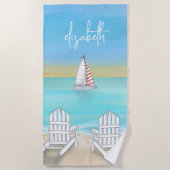 Serviette De Plage Bleu Aquarelle Simple Plage côtière Voilier (Devant)