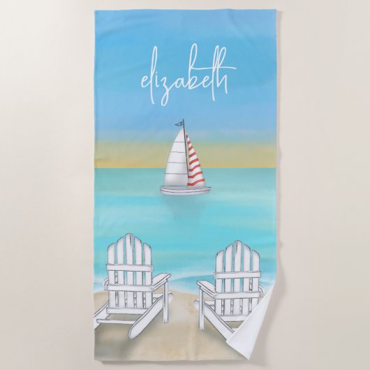 Serviette De Plage Bleu Aquarelle Simple Plage côtière Voilier (Devant)