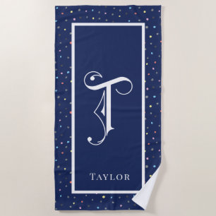 Serviette De Plage Bleu avec points colorés Monogramme décoratif