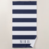 Serviette De Plage Bleu blanc et de minuit et rayure et monogramme (Devant)