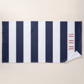 Serviette De Plage Bleu blanc et minuit et Monogramme rouge (Devant)