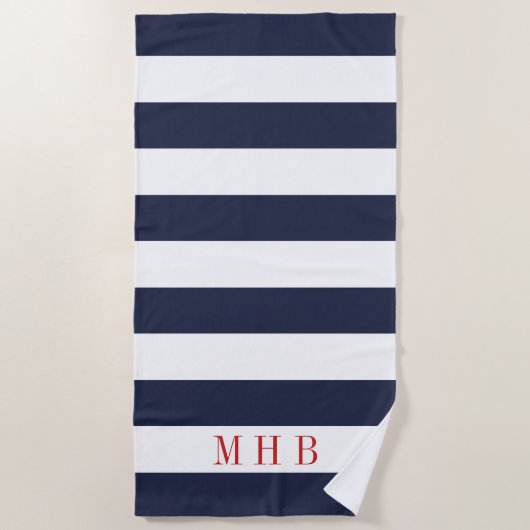 Serviette De Plage Bleu blanc et minuit et Monogramme rouge (Devant)