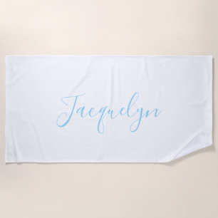 Serviette De Plage Bleu Blanc Plaine Élégant Moderne Calligraphie Nom