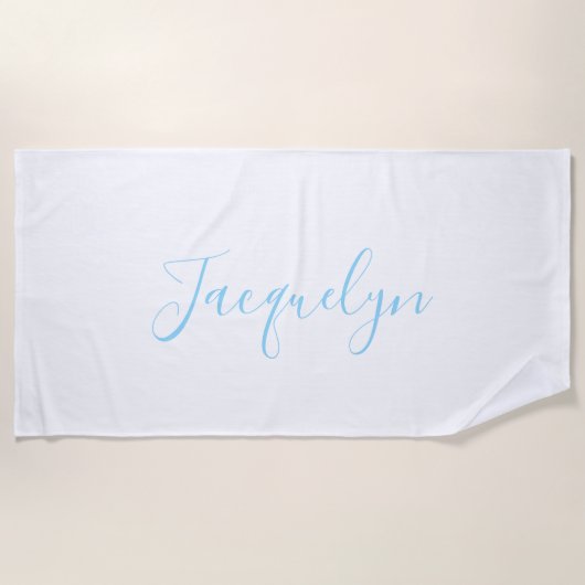 Serviette De Plage Bleu Blanc Plaine Élégant Moderne Calligraphie Nom (Devant)