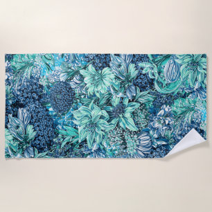 Serviette De Plage Bleu Blanc Turquoise Jardin Fleurs Motif