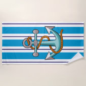 Serviette De Plage Bleu Blancs Ancre Nautique (Devant)