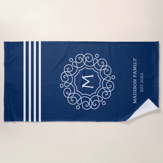 Serviette De Plage Bleu Blancs Monogramme Nom initial (Devant)
