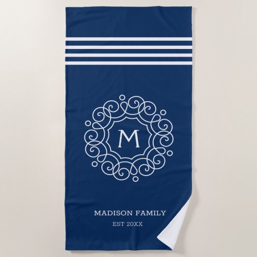 Serviette De Plage Bleu Blancs Monogramme Nom initial (Devant)