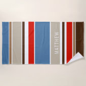 Serviette De Plage Bleu bleu foncé Brown rouge blanc rayures (Devant)