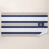 Serviette De Plage Bleu bleu marine Gris blanc rayures monogrammes (Devant)