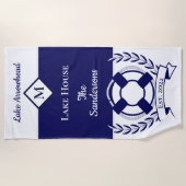Serviette De Plage Bleu bleu marine Monogramme blanc Maison du lac (Devant)